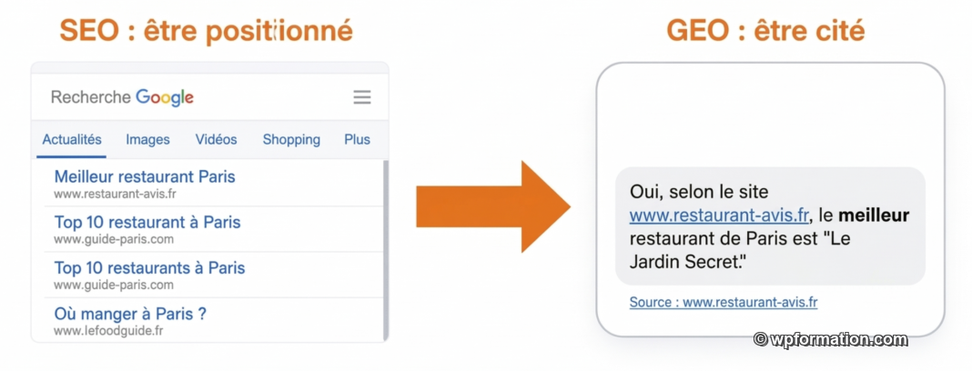 Infographie SEO vs GEO : être positionné dans les liens bleus vs être cité par les IA génératives