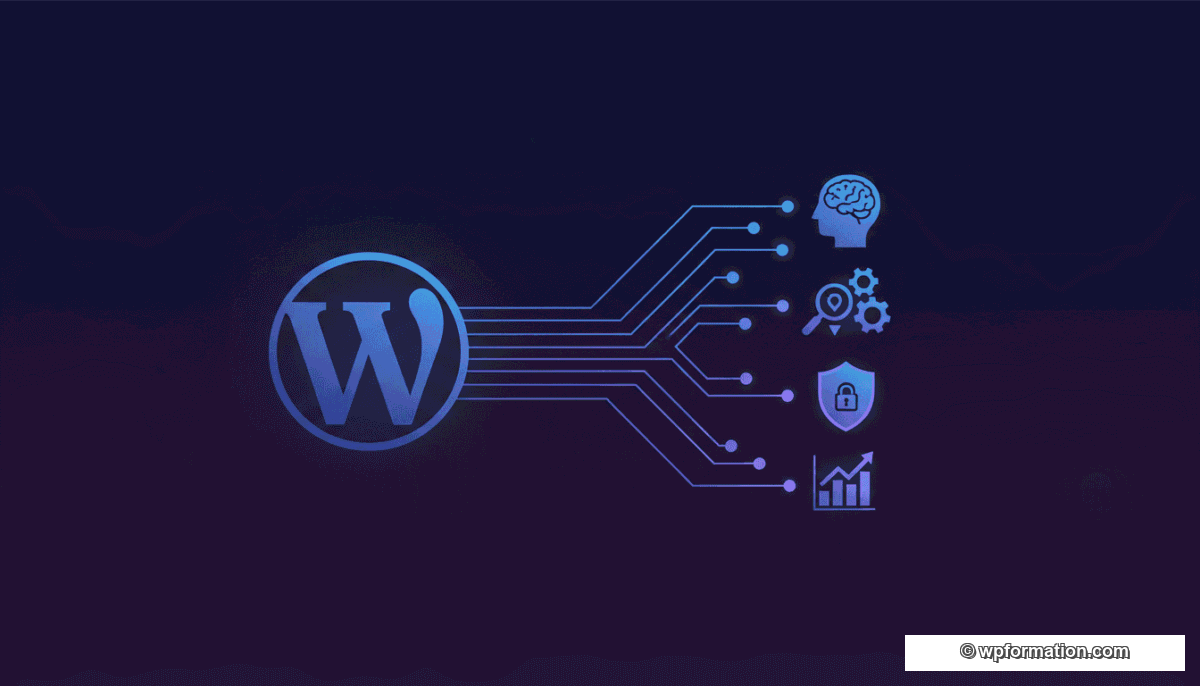 WordPress et intelligence artificielle en 2026 : icônes IA connectées au logo WordPress