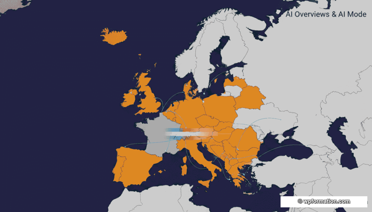 Carte d'Europe stylisée montrant les 9 pays où Google AI Overviews et AI Mode sont déployés en orange, tandis que la France apparaît en gris avec un dégradé tricolore subtil pour signaler son absence du déploiement