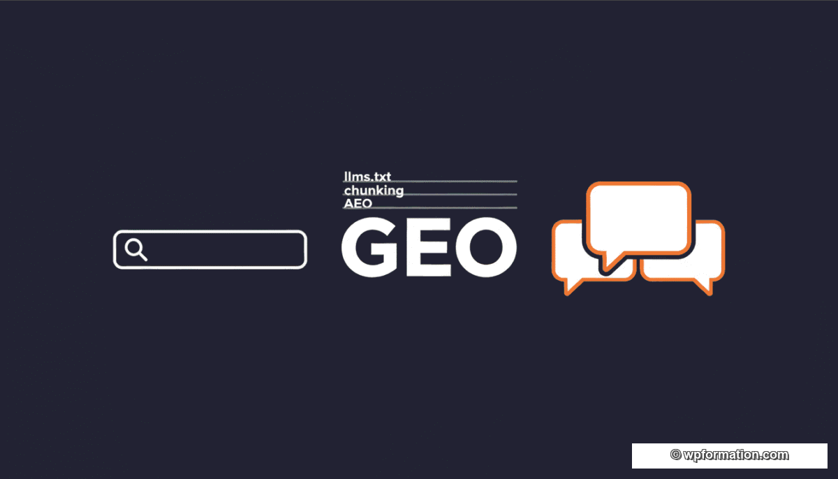 Schéma éditorial : barre de recherche Google à gauche, mot GEO au centre avec llms.txt, chunking et AEO barrés au-dessus, bulles de chat IA à droite, sur fond bleu nuit
