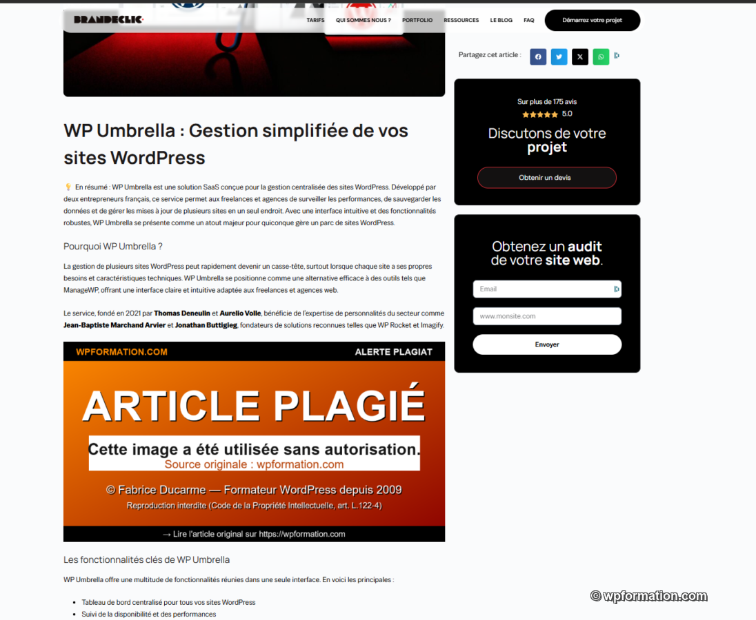 Article WP Umbrella sur Brandeclic affichant désormais l'image accusatrice ARTICLE PLAGIÉ servie par la protection anti-hotlinking de wpformation