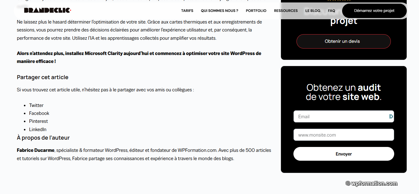 Capture du bloc auteur Fabrice Ducarme apparaissant en bas d'un article plagié sur Brandeclic, avec une date hallucinée 2009 différente de la réalité 2012