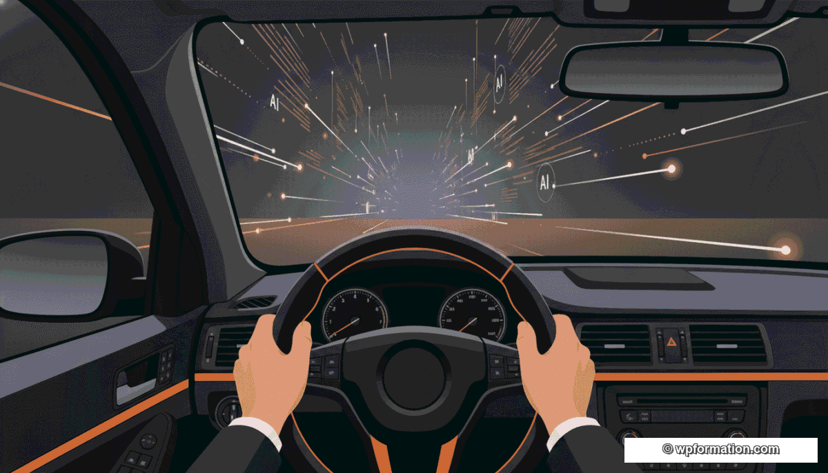 Vue première personne d'un conducteur qui tient fermement un volant de voiture, avec des lignes lumineuses orange symbolisant l'intelligence artificielle qui défilent vers l'horizon
