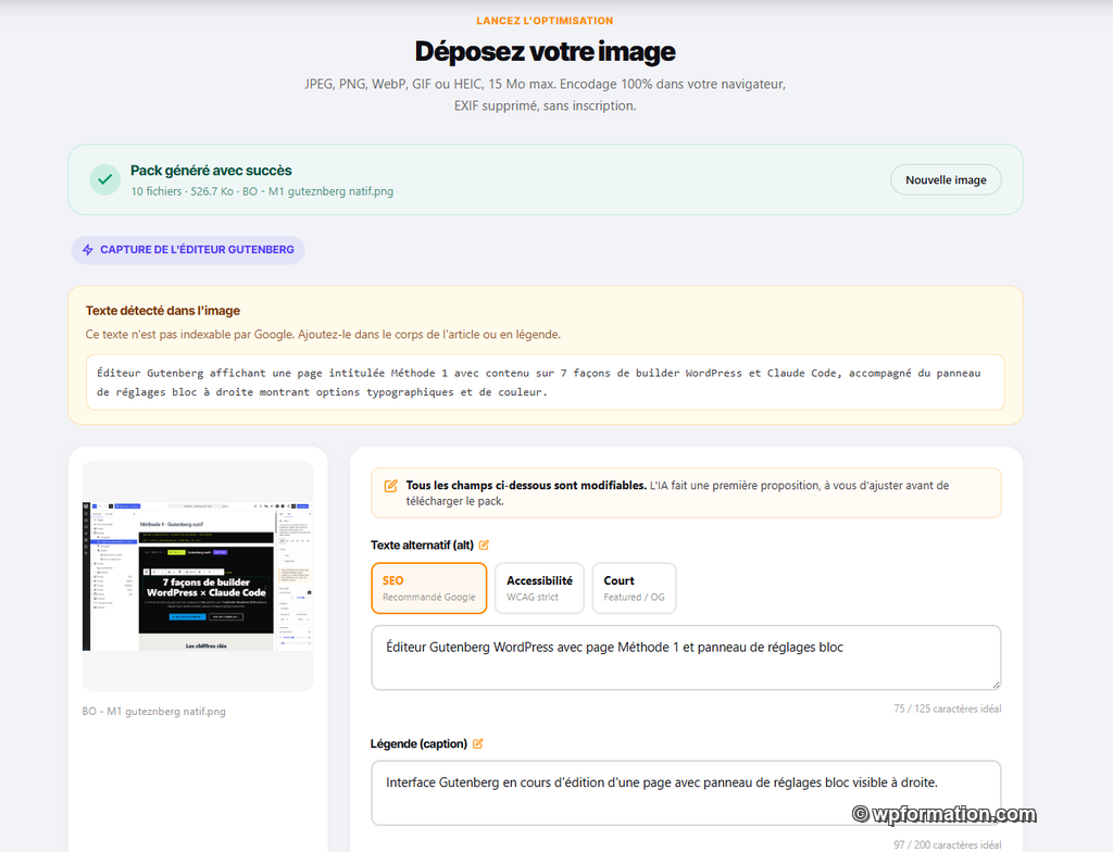 Interface de l'Optimiseur WPFormation générant automatiquement 3 variantes d'alt text via IA Claude