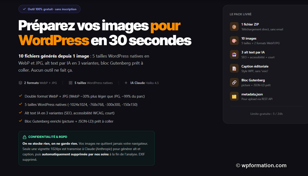 Optimiseur d'images WordPress WPFormation : interface principale avec claims pack ZIP, 5 tailles et IA Claude Haiku