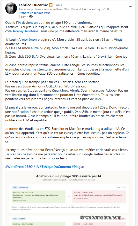 Capture du post LinkedIn nominatif publié par Fabrice Ducarme le 10 mai 2026 documentant trois articles wpformation plagiés en avril 2026
