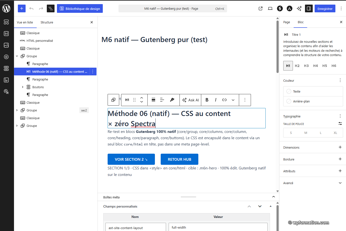 Editeur Gutenberg M-06 - blocs core natifs Groupe Paragraphe Titre Boutons Classique visibles dans la vue en liste a gauche