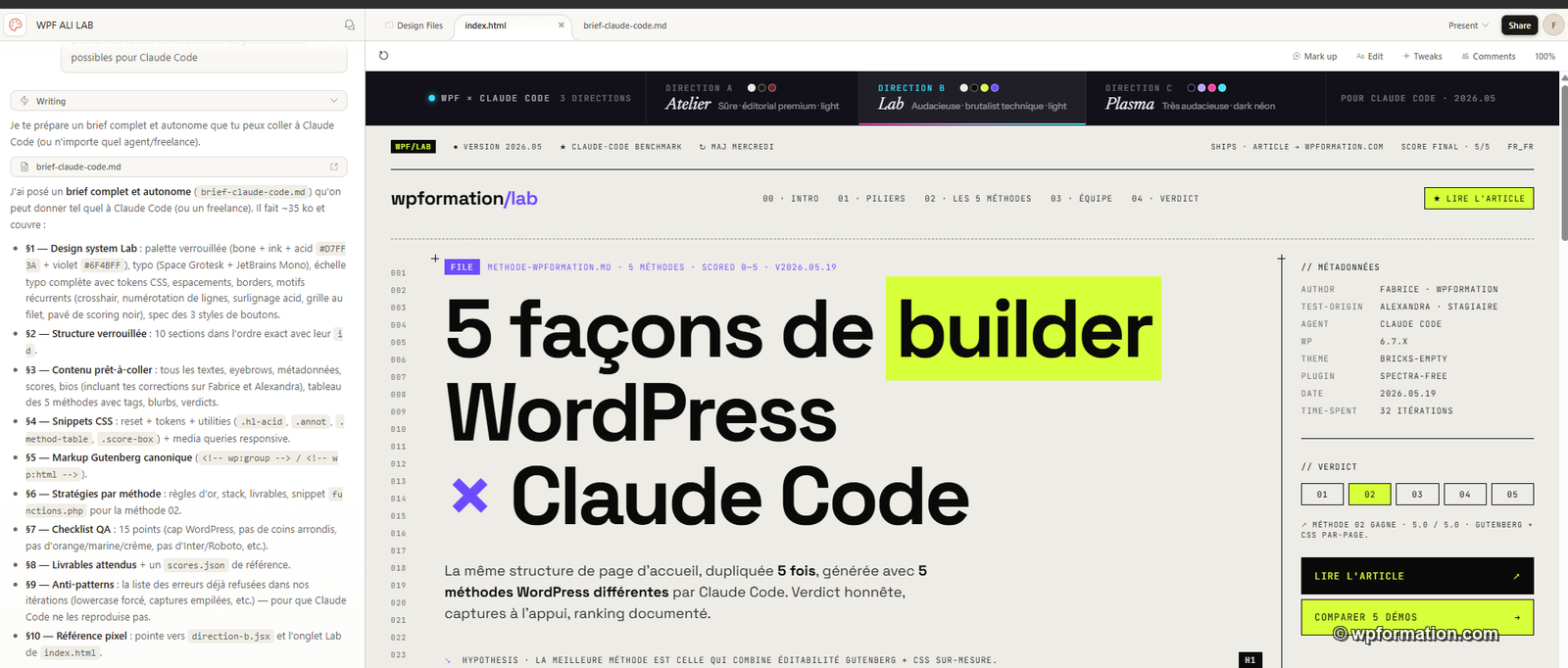 Brief Claude Design Direction B Lab - rendu brutalist avec metadata Author Fabrice Test-origin Alexandra Stagiaire Agent Claude Code