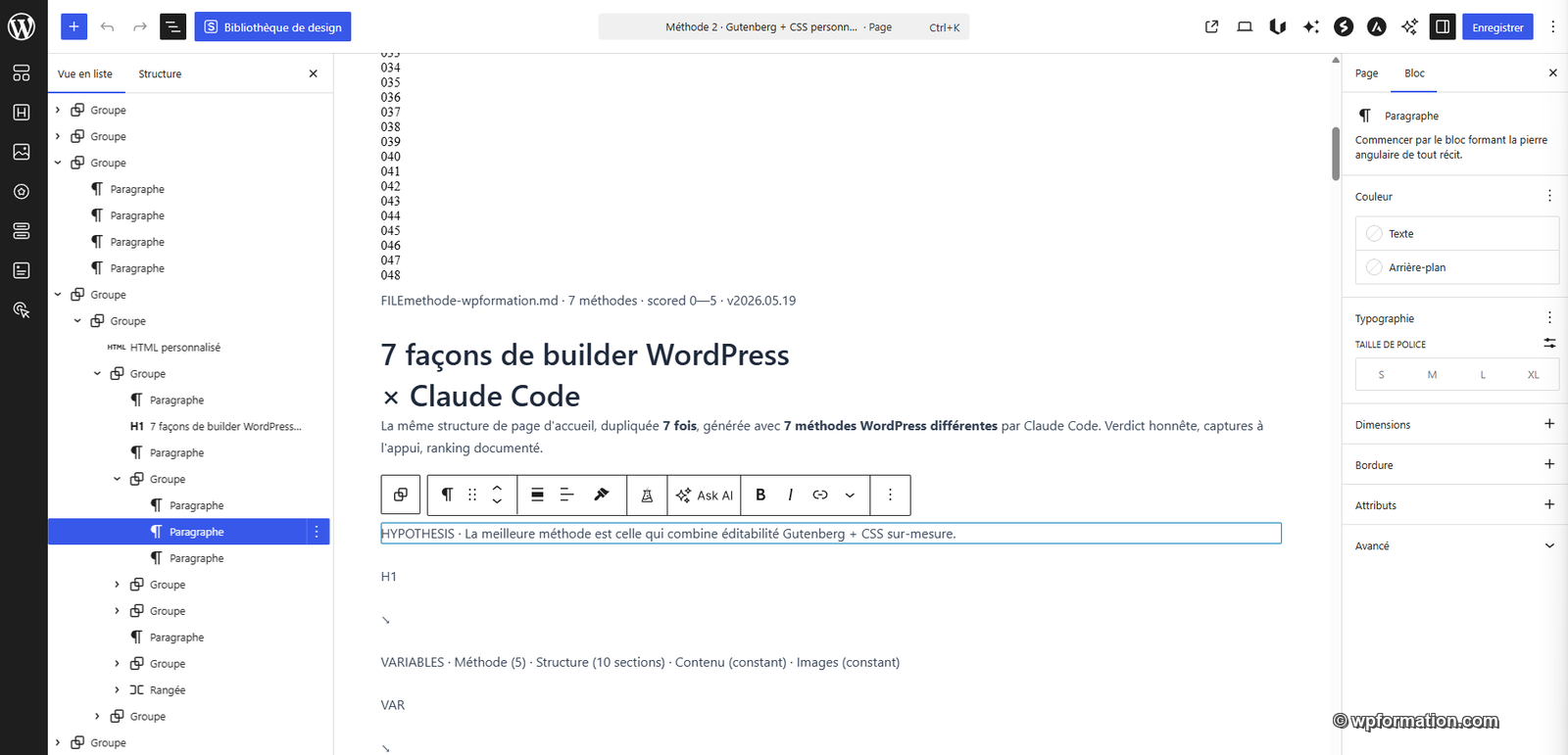 Editeur Gutenberg M-02 - liste de blocs natifs Groupe Paragraphe Titre dans la vue en liste a gauche, contenu Methode 02 Gutenberg plus CSS personnalise