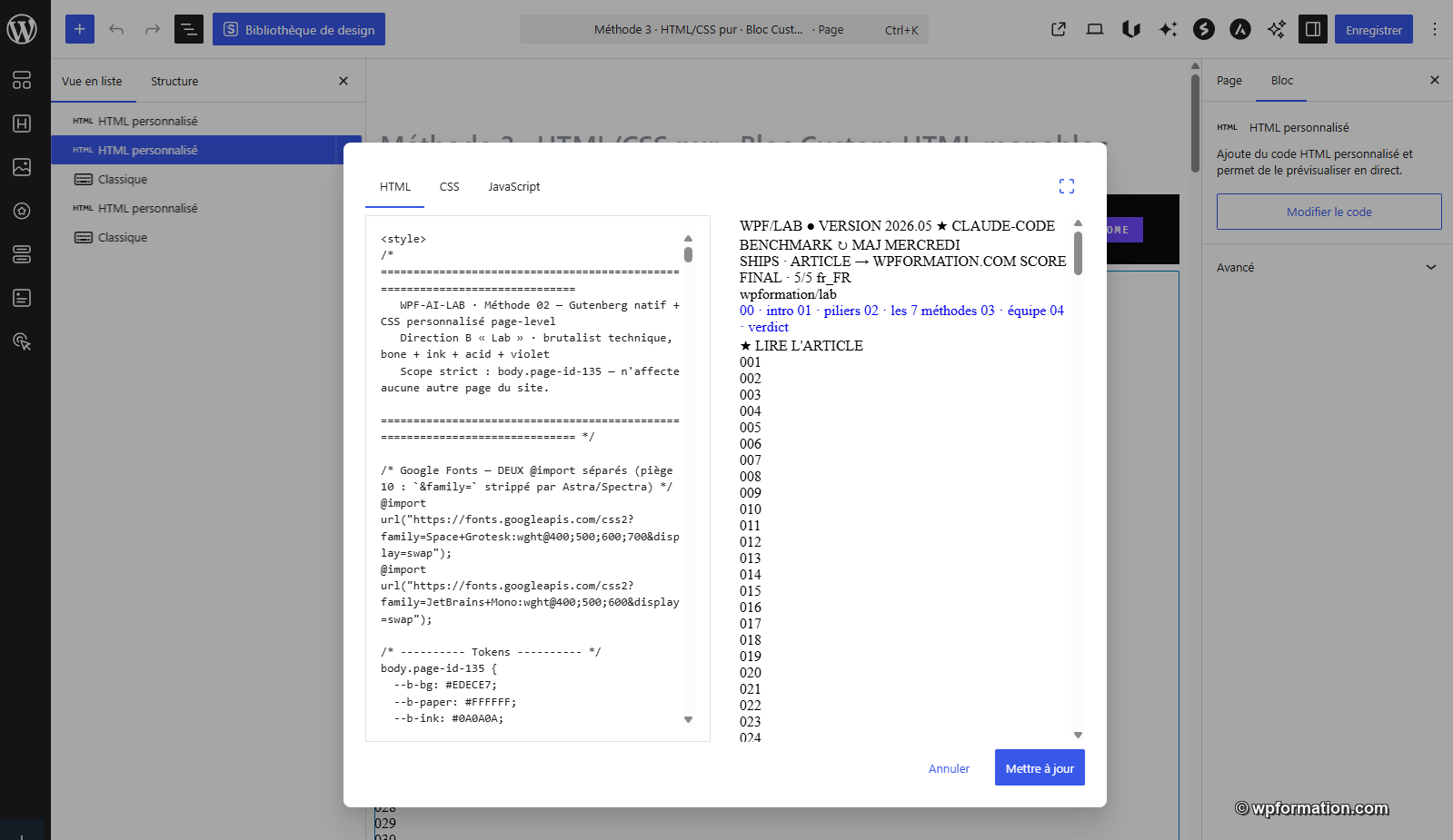 Editeur Gutenberg M-03 - modal HTML CSS du bloc Custom HTML monobloc avec code CSS et HTML inline visible