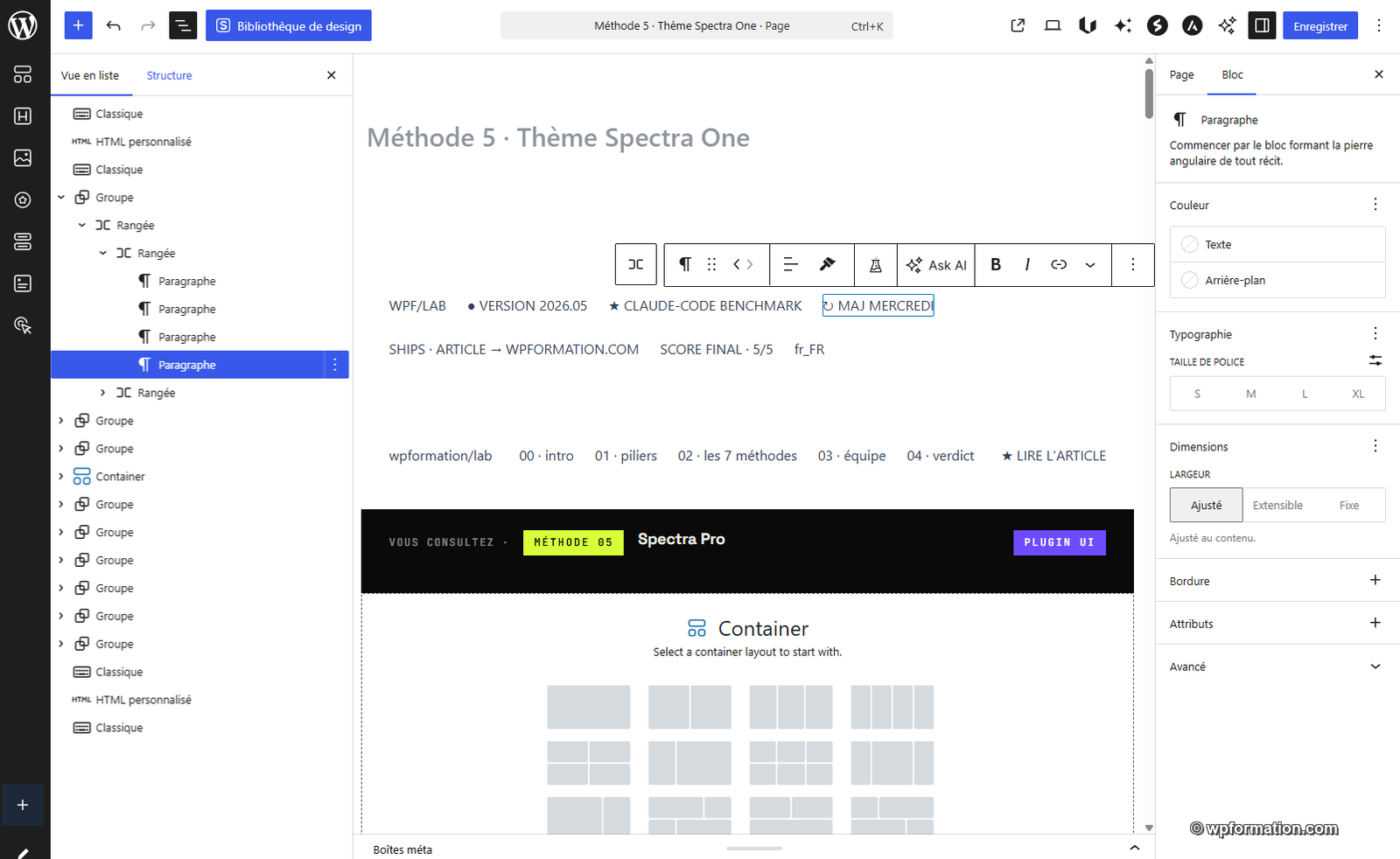 Editeur Gutenberg M-05 - theme Spectra One avec blocs Spectra UAGB Rangee Container dans la vue en liste a gauche