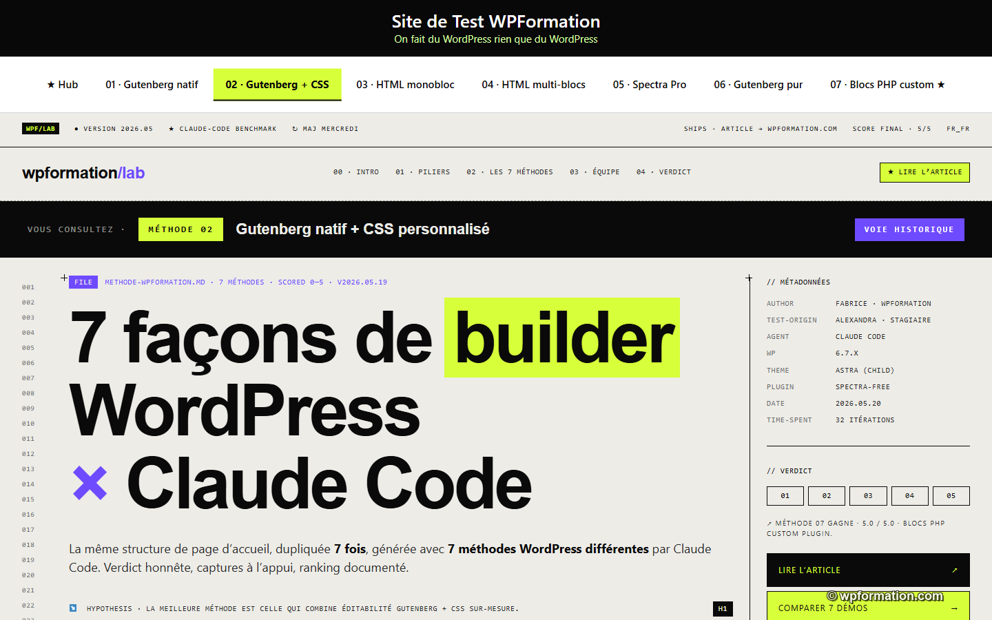 Hero methode 2 Gutenberg plus CSS personnalise - design Direction B Lab brutalist editorial bone ink acid violet