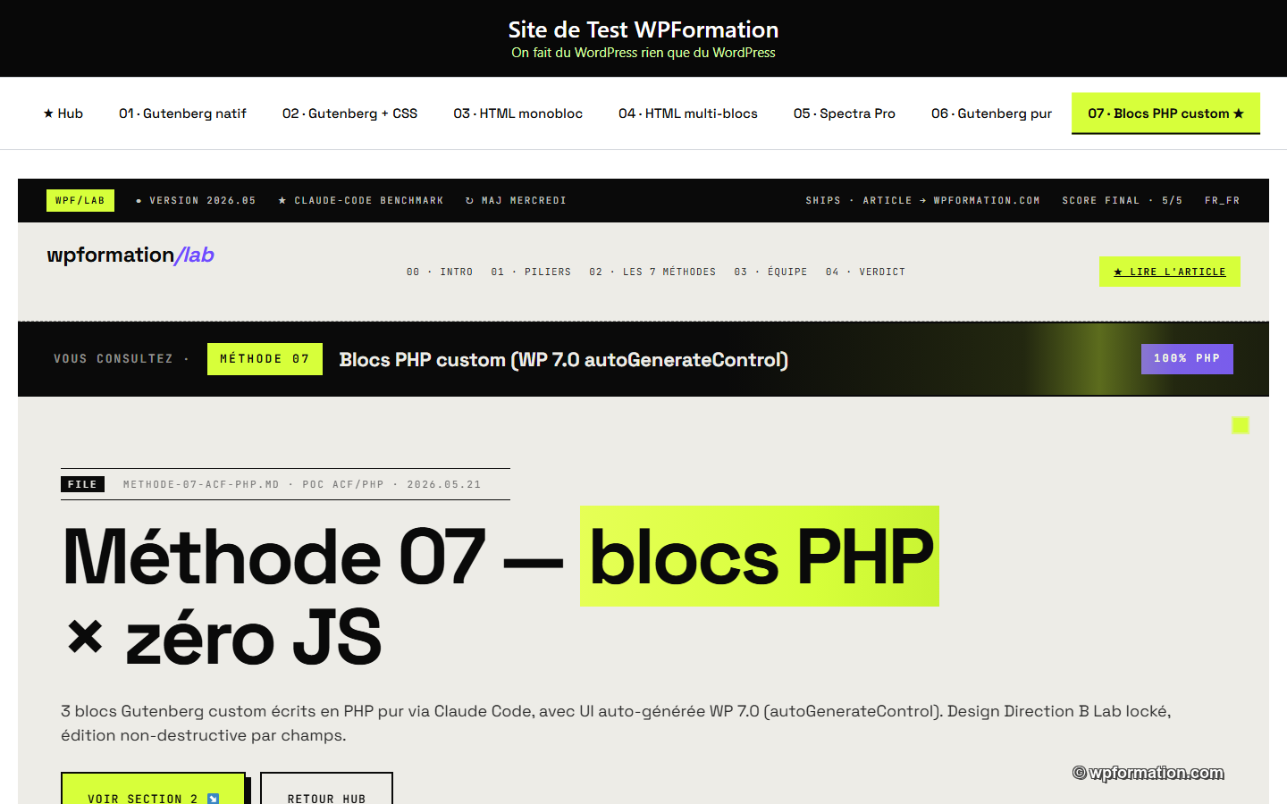 Hero methode 7 Blocs PHP custom avec autoRegister WP 7.0 - design verrouille dans le plugin wpf-lab