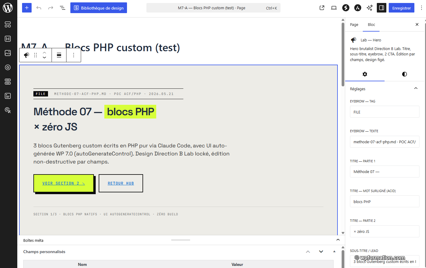Éditeur Gutenberg WordPress avec sidebar autoRegister WP 7.0 - champs EYEBROW, TITRE, LEAD, CTA auto-générés pour le bloc wpf-lab-hero