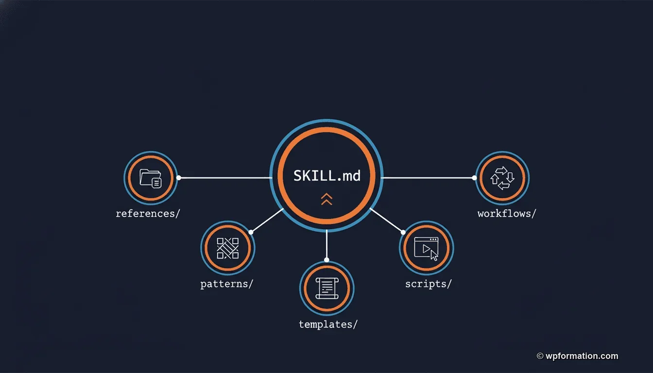 Architecture du skill claude-skill-astra-spectra : SKILL.md central et cinq dossiers satellites (références, patterns, templates, scripts, workflows)