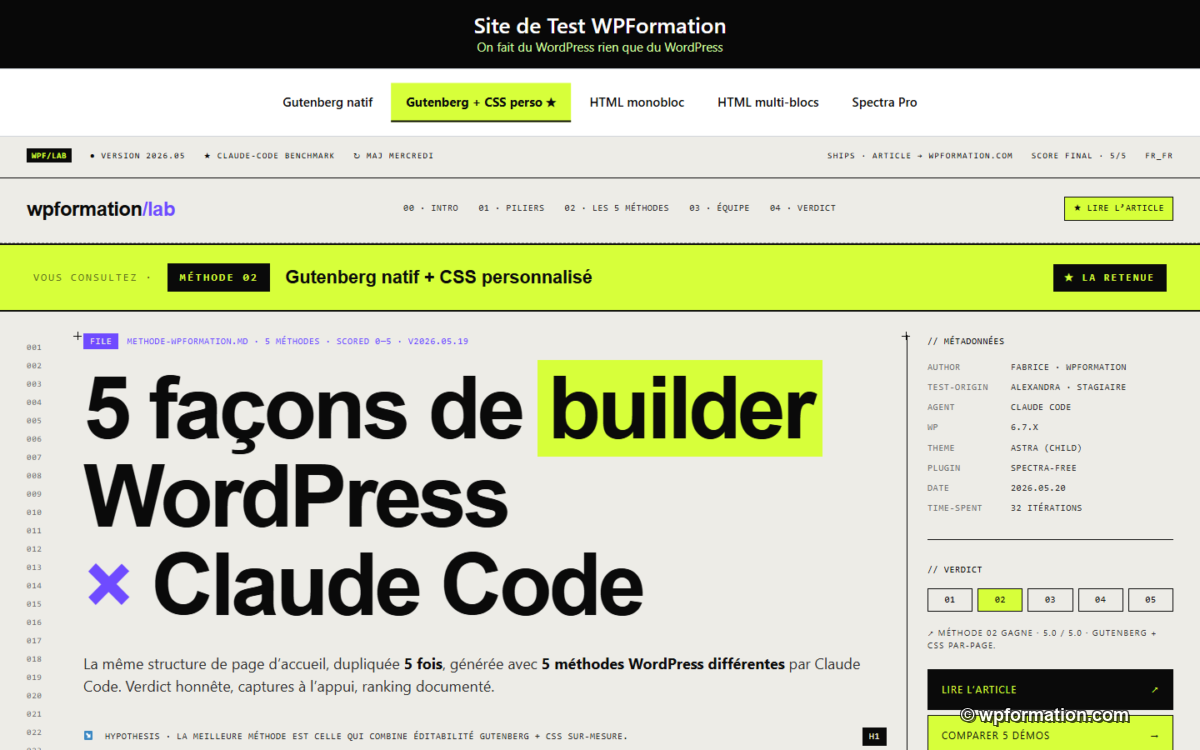 Methode 2 la gagnante : Gutenberg natif plus CSS personnalise scope page-level
