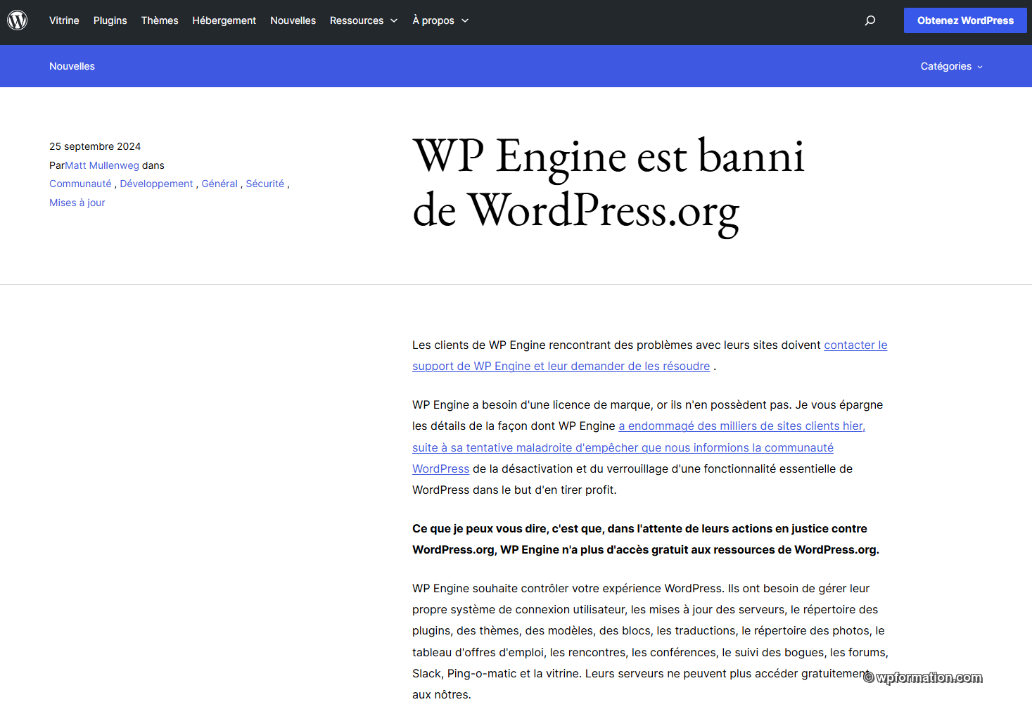 Billet officiel WP Engine est banni de WordPress.org par Matt Mullenweg, 25 septembre 2024
