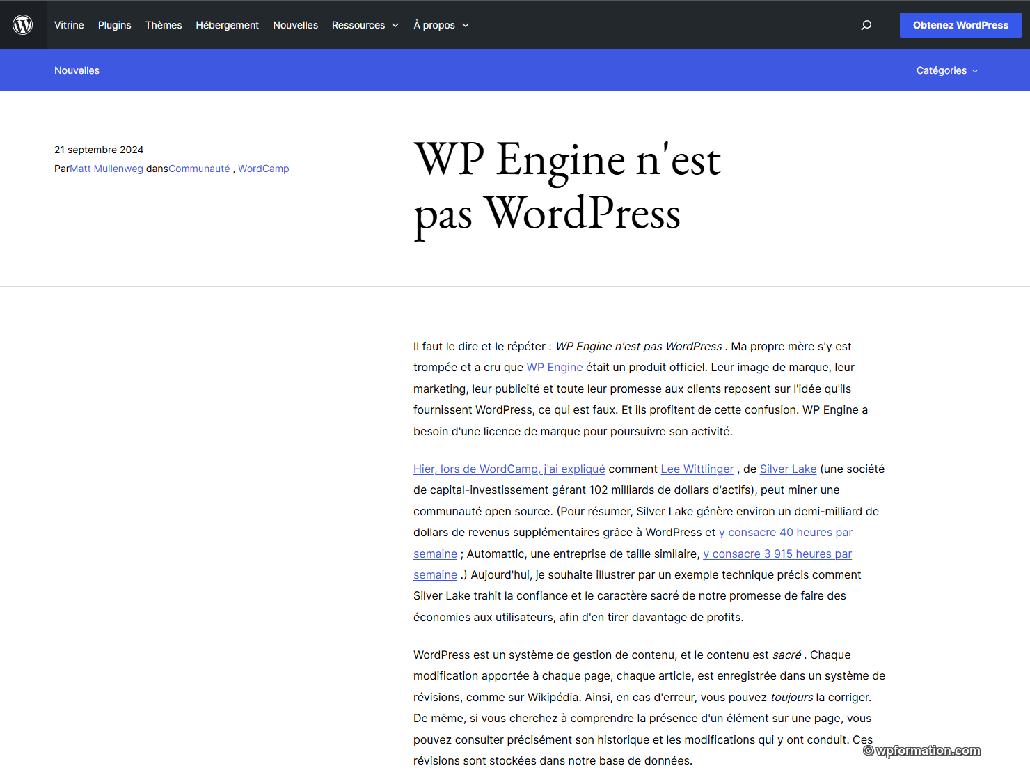Billet WP Engine n'est pas WordPress de Matt Mullenweg sur WordPress.org, 21 septembre 2024