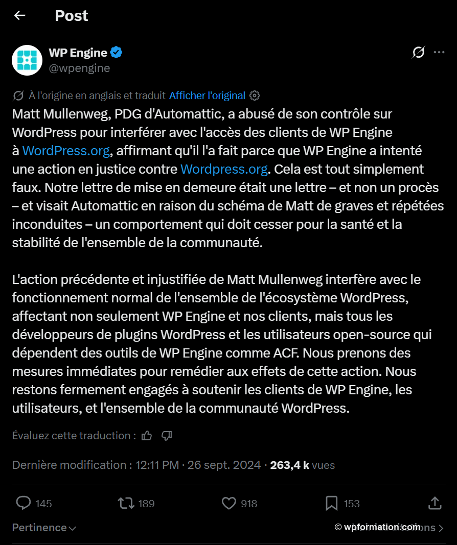 Tweet de WP Engine du 26 septembre 2024 accusant Matt Mullenweg d'abus de controle sur WordPress