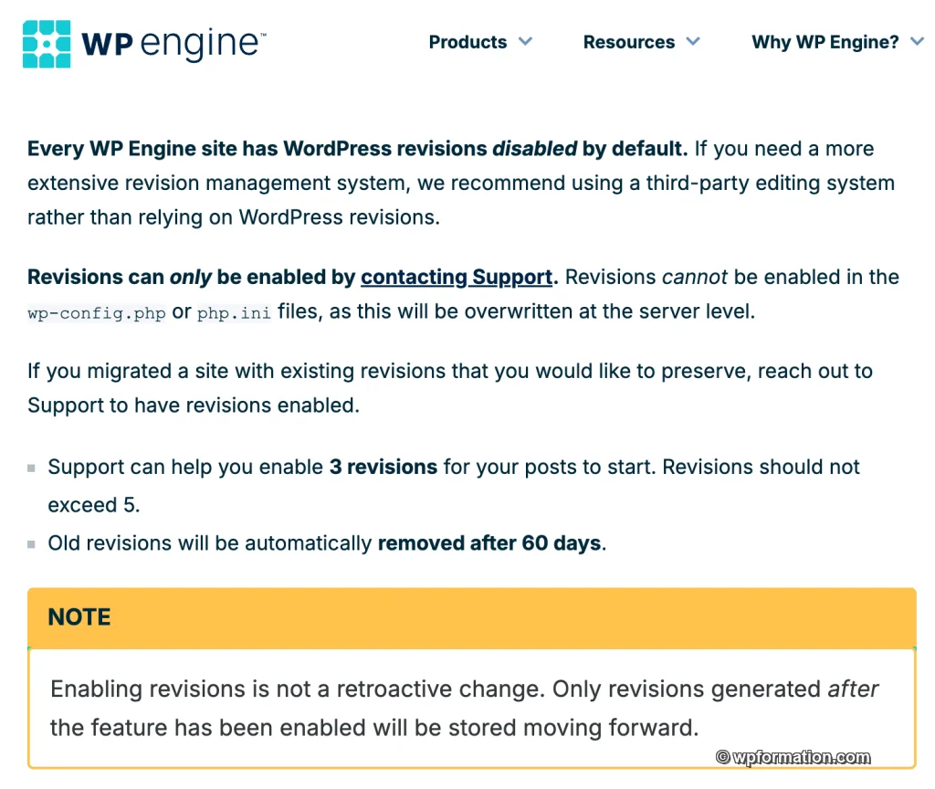 Documentation WP Engine indiquant que les révisions WordPress sont désactivées par défaut
